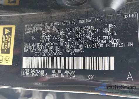 2010 Toyota Highlander Limited V6 z USA, uszkodzony, nr VIN 5TDYK3EH3AS009660